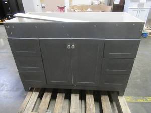 48 x 22 Vanity Cabinet in Gray.  - Missing 2 Drawer Pulls, Front Trim is Cracked and off front.