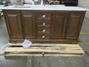 72 x 22 Vanity Cabinet and Marble Top, Sink Basin needs to be reattached, top has slight crack. RH Doors Need some attention.