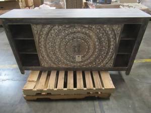 70 x 17 x 36 Tall. Decorative Entertainment Stand in Distressed Gray With Sliding Doors. - RH Door and Track has some slight damage.