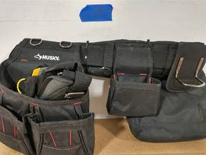 lot 35 image: HUSKY 2-Bag 18 -Pocket Black Framers Suspension Rig Work Tool Belt with Suspenders