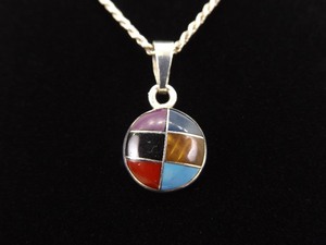lot 2 image: .925 Sterling Silver Zuni Inlayed Multi Stone Pendant Necklace