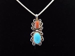 lot 3 image: .925 Sterling Silver Navajo Coral and Sleeping Beauty Turquoise Cabochon Pendant Necklace