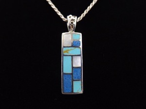 lot 4 image: .925 Sterling Silver Navajo Inlayed Turquoise, Sodalite, and Mother of Pearl Pendant Necklace