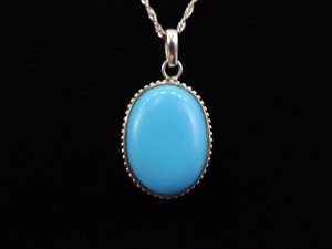 lot 7 image: .925 Sterling Silver Navajo Large Sleeping Beauty Turquoise Cabochon Pendant Necklace