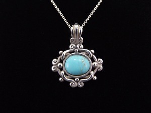lot 9 image: .925 Sterling Silver Navajo Dry Creek Turquoise Cabochon Pendant Necklace
