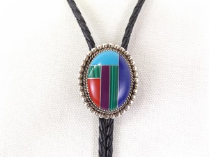 lot 1 image: LIKE NEW .925 Sterling Silver Zuni Inlayed Multi Stone Bolo Tie