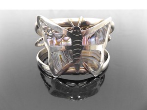 lot 13 image: .925 Sterling Silver Inlayed Abalone Butterfly Open Cuff Bracelet