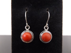 lot 35 image: .925 Sterling Silver Red Coral Cabochon Dangle Hook Earrings