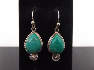 lot 36 image: .925 Sterling Silver Large Malachite Pear Cabochon Dangle Hook Earrings