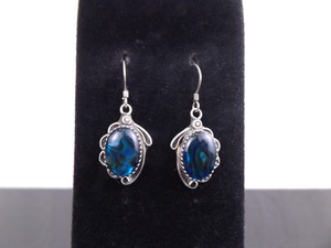 lot 41 image: .925 Sterling Silver Navajo Deep Blue Abalone Dangle Hook Earrings