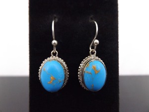 lot 43 image: .925 Sterling Silver Navajo Large Blue Gem Turquoise Dangle Hook Earrings