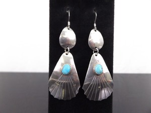 lot 46 image: .925 Sterling Silver Navajo Cripple Creek Turquoise Cabochon Dangle Hook Earrings