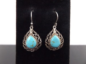lot 47 image: .925 Sterling Silver Navajo Cripple Creek Turquoise Pear Cabochon Dangle Hook Earrings