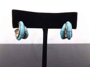 lot 48 image: .925 Sterling Silver Navajo Inlayed Cripple Creek Turquoise Double Half Hoop Post Earrings
