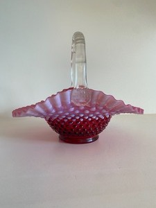 Opalescent Cranberry Folded Rim Hobnail Basket