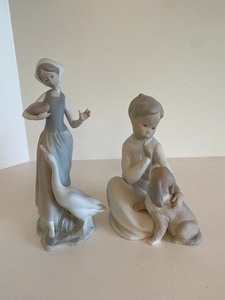 Lladro Boy with Dog Figurine and Girl with Goose Figurine