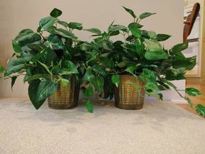 Pair of Vintage Gatco Solid Brass Planters with Faux Plants