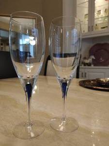 Pair of Orrefors Crystal Champagne Flutes with Cobalt Blue Teardrop