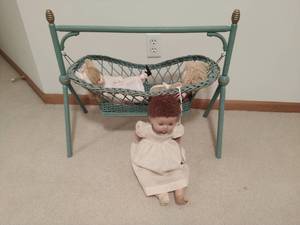 Three Dolls And Vintage Crib