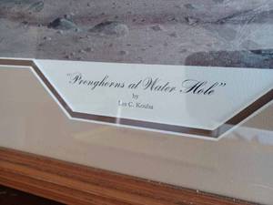 lot 16 image: Pronghorns at Waterhole by Artist Les Kouba - Signed, Framed and Matted