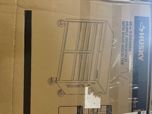lot 54 image: Husky 46 in. W x 24.5 in. D 9-Drawer Gloss White Deep Tool Chest Mobile Workbench with Hardwood Top