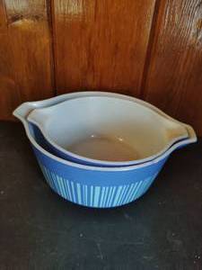 lot 48 image: Two Vintage Blue Striped Pyrex Casserole Dishes
