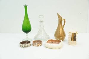 Pitcher, glass bottle, decanter, ceramic bowls and candle