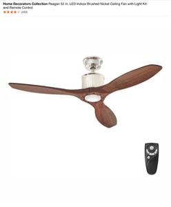 Home Decorators Collection Reagan 52 in. LED Indoor Brushed Nickel Ceiling Fan with Light Kit and Remote Control. See Pictures