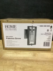 Home Decorators Collection Palermo Grove 6-12 in. 1-Light Antique Nickel Farmhouse Outdoor Wall Lantern Sconce with Weathered Gray Wood Accents. See Pictures