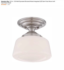 Hampton Bay 10.5 in. 120-Watt Equivalent Brushed Nickel Integrated LED Semi Flush Mount with Opal Glass Shade. See Pictures