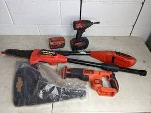 lot 18 image: Black & Decker Cordless Lawn Tools, Hilti Cordless Drill with Charger, Chevy Mud Flap