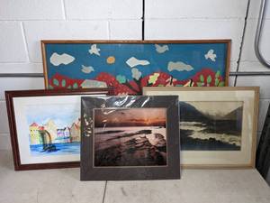 lot 6 image: Lot of (4) FramedMatted Artworks (Fabric, Photo and Watercolor)