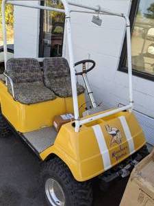 lot 458 image: Yamaha G1 Gas Two Seat Yellow Golf Cart with Minnesota Vikings Decals
