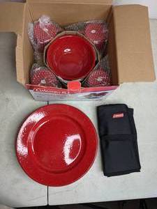 lot 148 image: Red Coleman 24-Piece Enamelware Dish Set 