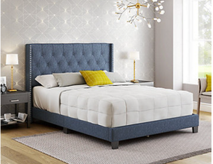 lot 433 image: Boyd Sleep Mia Upholstered King Size Button Tufted Platform Bed with Headboard and Strong Wood 13-Slat Supports