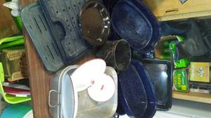 lot 67 image: Enamel Ware Roasters and more.