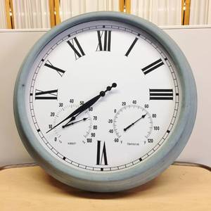 lot 35 image: Fabulous 23 Metal Roman Numerals Wall Clock With Humidity & Temperature Registers - Excellent Condition - Needs A Battery