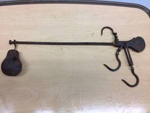 lot 74 image: Antique Vintage Cast Iron Hanging Balance Beam Scale Counter Weight With Hooks Mechanism