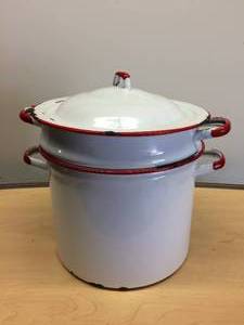 lot 67 image: Very RARE&nbspVintage Collectible WhiteRed Enamelware Enameled Porcelain 3 PIECE STEAMER  PASTA POT WITH STRAINER AND LID
