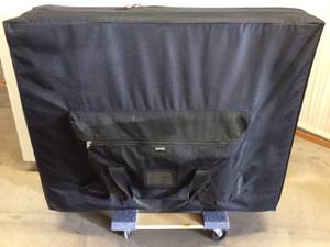 lot 45 image: Master Massage The Bristol Portable Extra Wide 30 Massage Table with Adjustable Face Cradle and Auto Lock Legs (Cream with Walnut Finished Legs) Includes Carrying Bag - Great Condition No Wear To Top Found