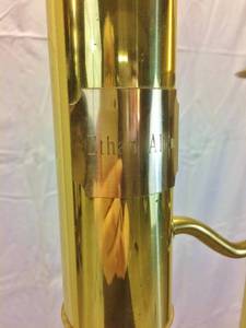 lot 29 image: WOW Vintage Ethan Allen Standing Brass Floor Lamp - Colonial Style Oil Lamp Reproduction With Hurricane Glass Chimney & Brass Metal Shade - Copper Plaque On Oil Reservior Labeled Ethan Allen - Great Working Condition