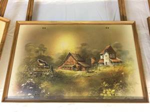 lot 33 image: Vintage TV Trays Andres Orpinas Country Cottage Barn Farm Scenes Mid Century 4 Dinner Tray Tables Set With Mobile Stand - Excellent Vintage Condition