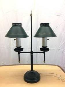 lot 26 image: WOW Green&nbspFrench Empire Bouillotte Table Dual Lamp wTole Metal Shades - Excellent Condition 