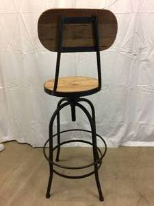 lot 21 image: Vintage Heavy Duty Iron & Wood Rustic Chic Industrial Drafting Stool Height Adjustable With Double Foot Ring - Iron Seems To Be Thickly Coated With Gun Metal - Excellent Condition