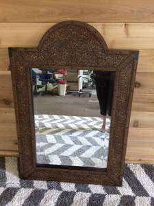lot 37 image: This Is A Purrrrfect Mirror For Your Safari Den, Library Or Study...It Is Quite Large & Heavy Duty With Leather & Brass Accents Plus Animal Print Leather Frame - Great Condition