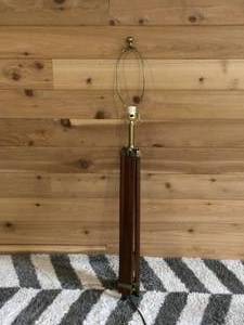 lot 27 image: Hampton Bay Height Adjustable Wood Brass Tripod Floor Lamp - Great Condition No Shade