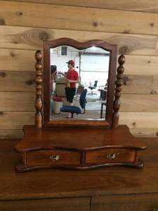 lot 5 image: Beautiful Vintage Mahogany Tabletop Dresser Vanity Tilting Mirror Two Drawer Compartments & Believe It Or Not It Has A Music Box  Great Vintage Condition