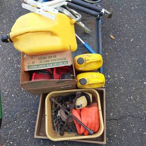 Collection of Shop Items Cat Ramps, Level, Kerosene Can, Ear Protection, Bungee Cords, Automotive Fluids, Tow Straps, and More&nbsp
