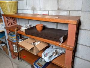 Handcrafted Wood Shelf and Contents Food Processor, Silver, Plantar, Light Bulbs, and More