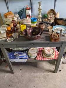 Vintage Painted Grey Wood Table with Home Decor Vintage Avon, Silver, Dishware, and More&nbsp